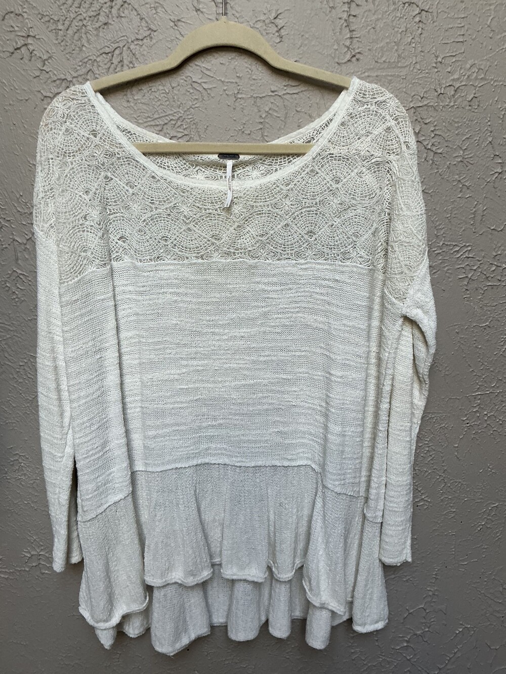 Free People Small Cream Knit Long Sleeve Top with Lace Detail